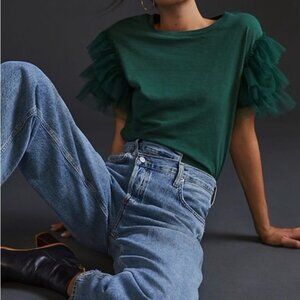 Anthropologie Lea & Viola Ruffle Tulle Sleeve Top • Green • XS (Fits S)
